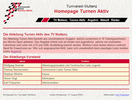 Turnen Aktiv Webseite 2000